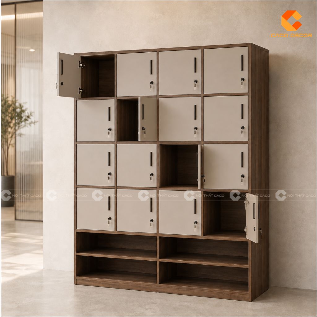 Tủ locker gỗ công nghiệp LK017 mở cánh thể hiện khoang chứa bên trong