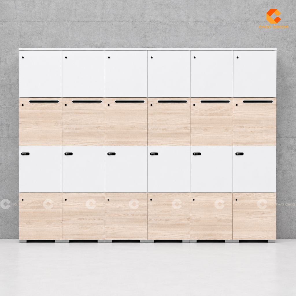 Tủ locker LK02 gỗ MDF 24 ngăn màu vân gỗ phối trắng hiện đại