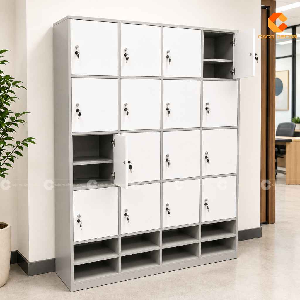 Tủ locker gỗ LK04 mở cánh và kệ trong