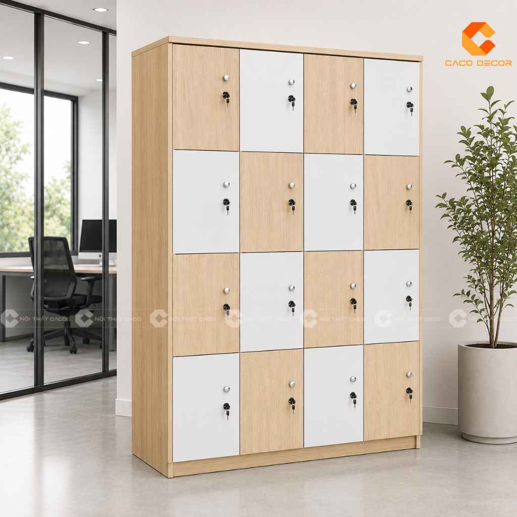 Tủ locker gỗ LK05 phối trắng và vân gỗ