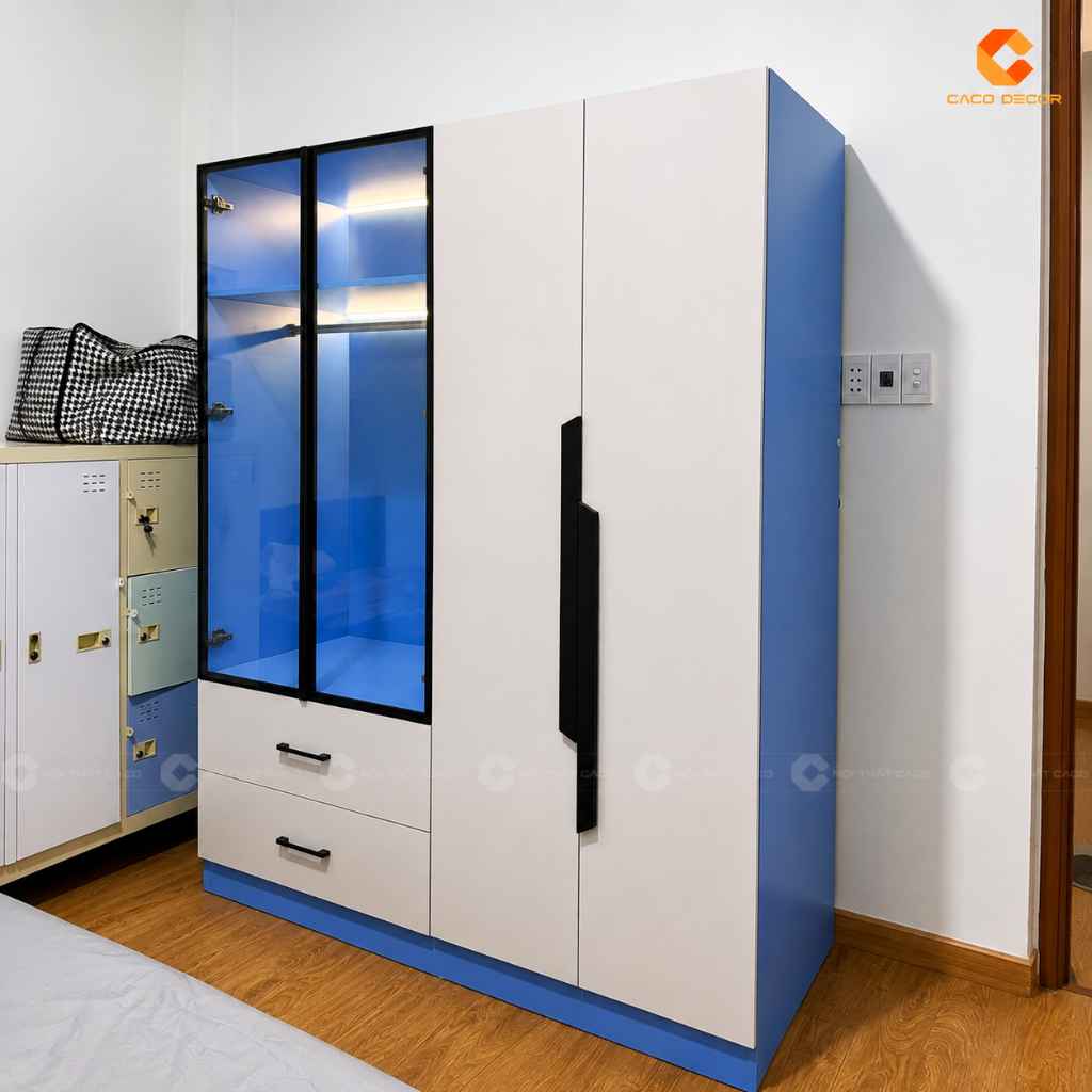Tủ quần áo trẻ em kết hợp khoang kính và ngăn kéo nhà chị Quyên