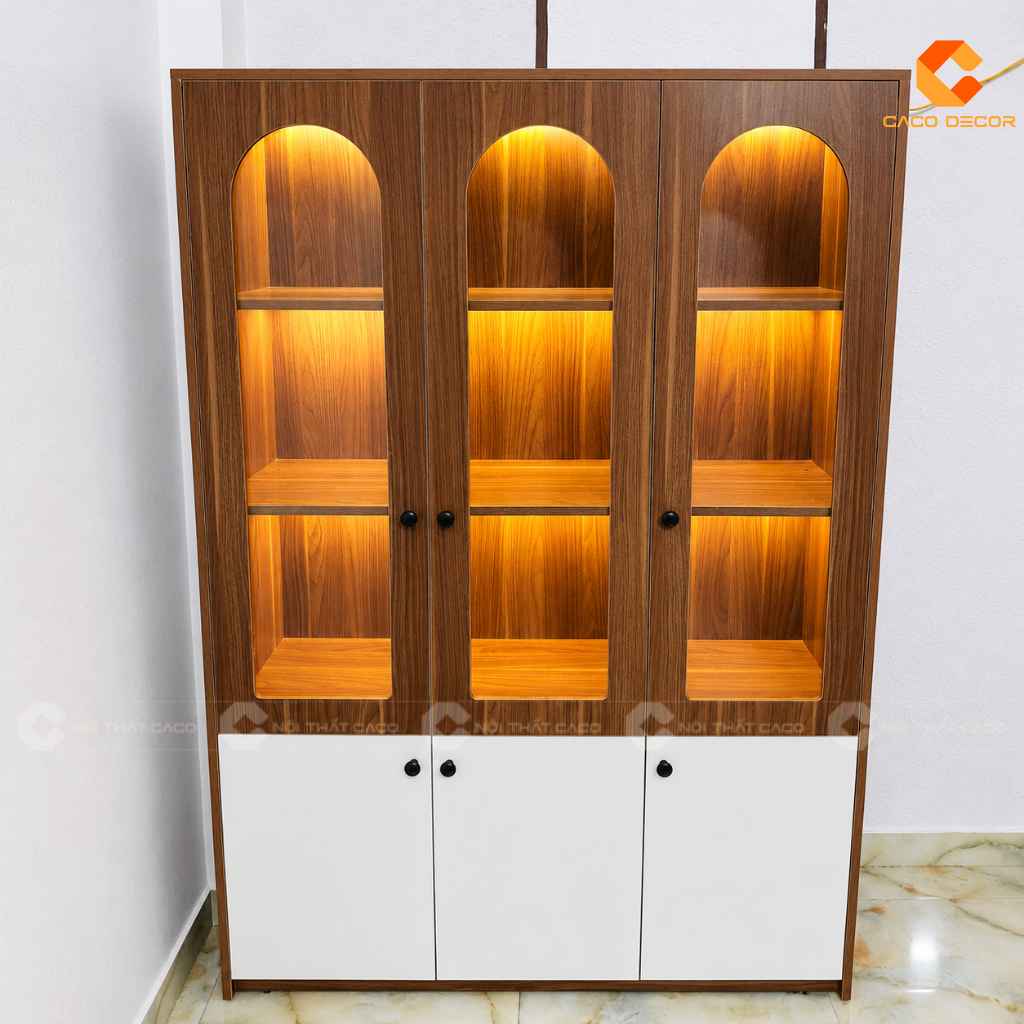 Tủ trưng bày vân gỗ 3 khoang có đèn LED và tủ lưu trữ phía dưới