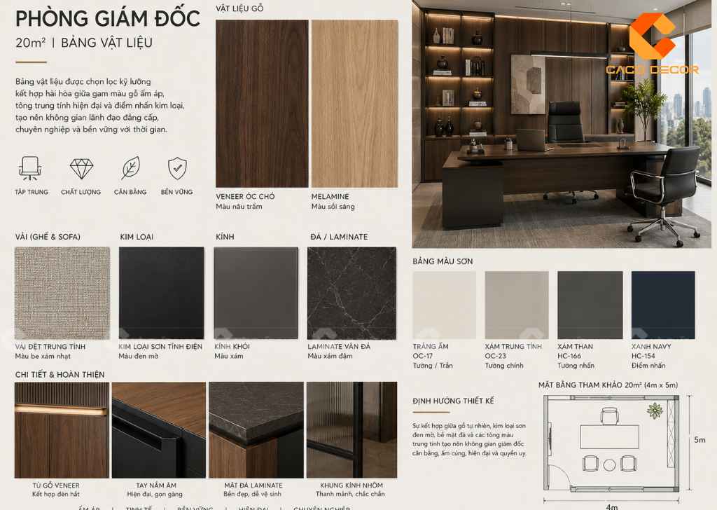 Bảng phối gỗ MDF, kính, kim loại và vải dùng cho nội thất phòng giám đốc