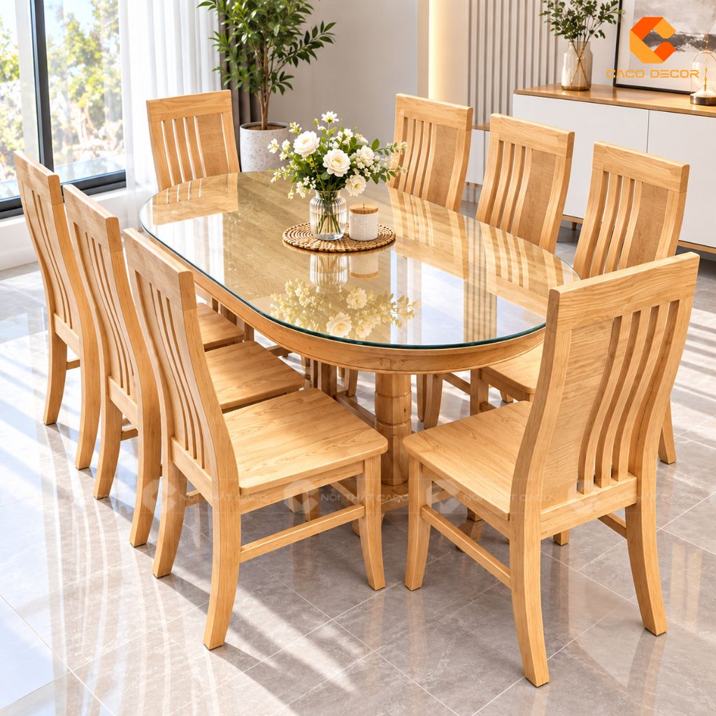 Bàn ăn 8 ghế gỗ sồi mặt bàn oval hiện đại