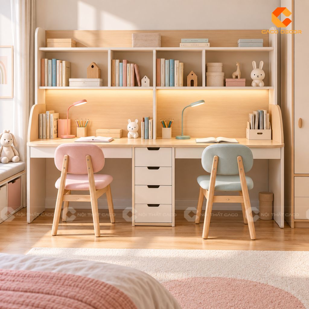 Góc chính diện bàn học đôi BHTE051 có kệ sách và ngăn kéo