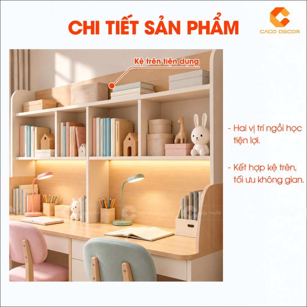 Bàn học đôi BHTE051 có kệ trên tiện dụng cho hai bé