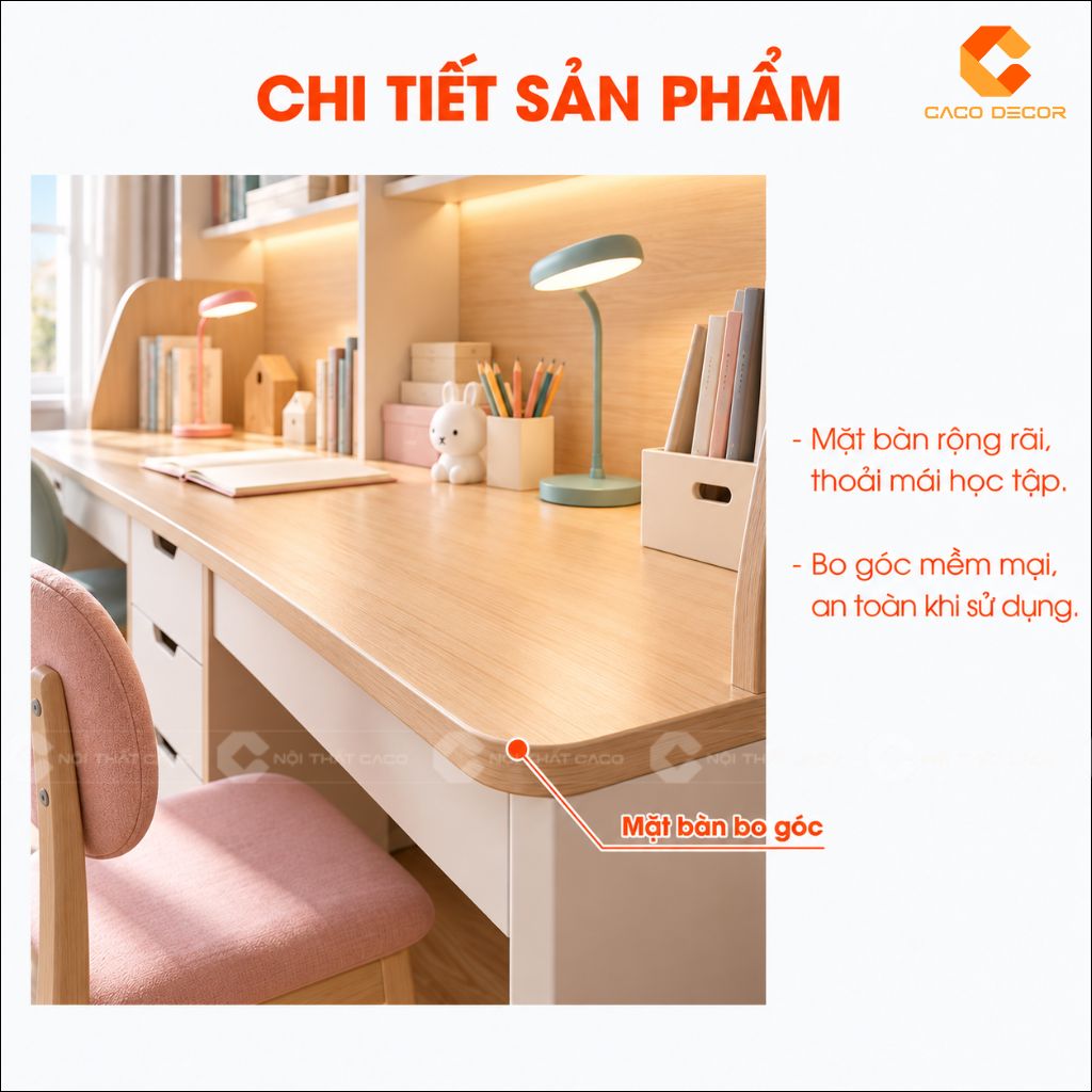 Mặt bàn bo góc an toàn của bàn học đôi BHTE051