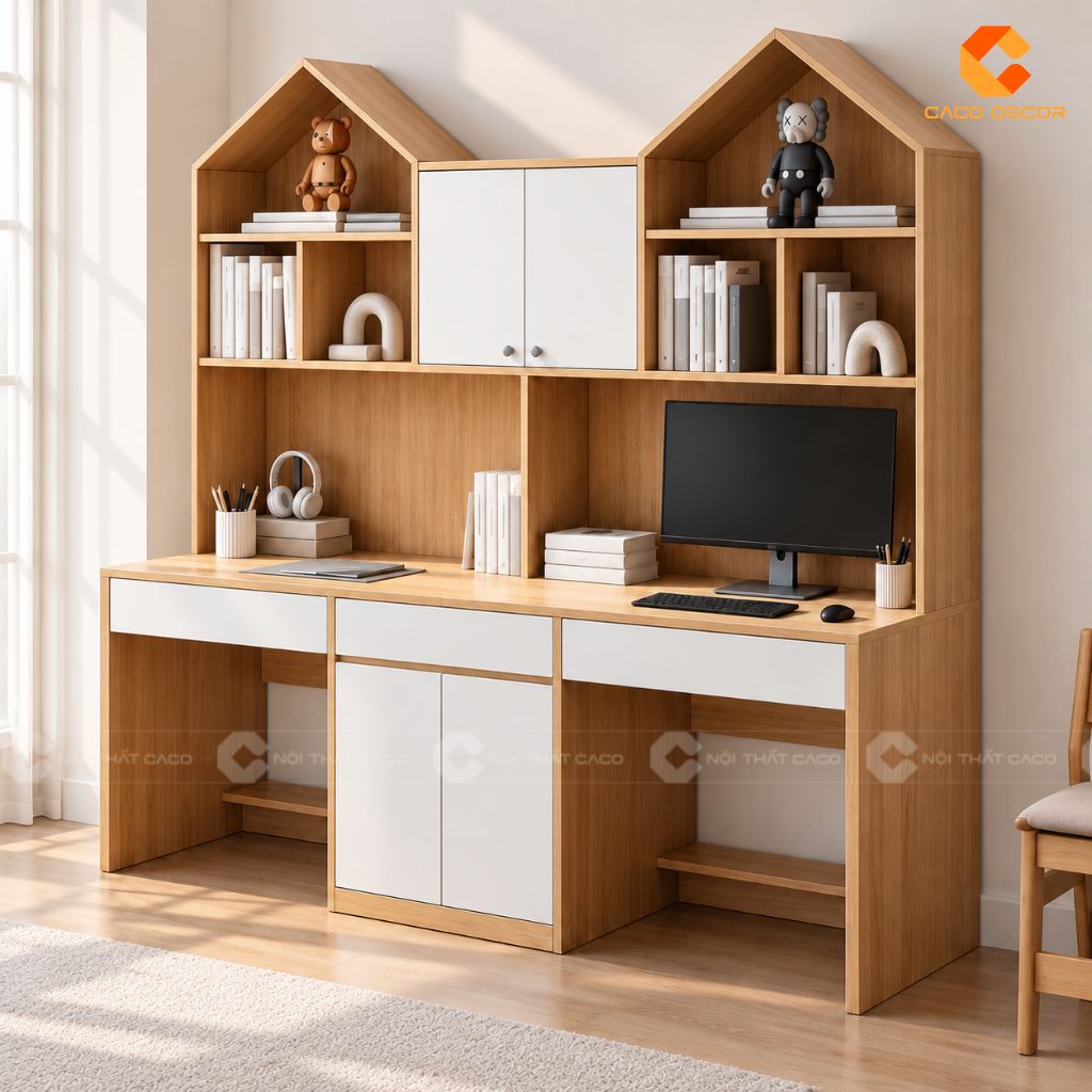 Toàn cảnh bàn học đôi gỗ công nghiệp BHTE054 phối gỗ sáng và trắng