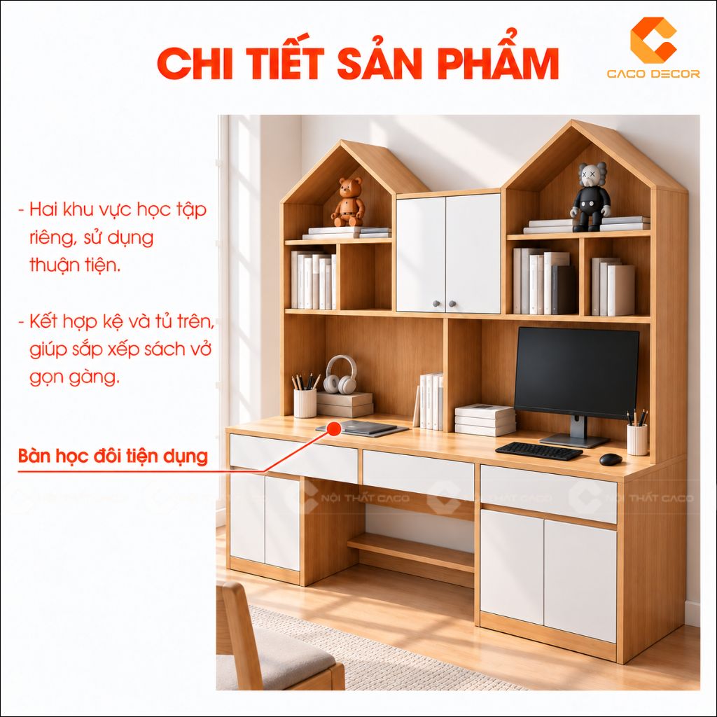 Bàn học đôi gỗ công nghiệp BHTE054 có hai vị trí học riêng