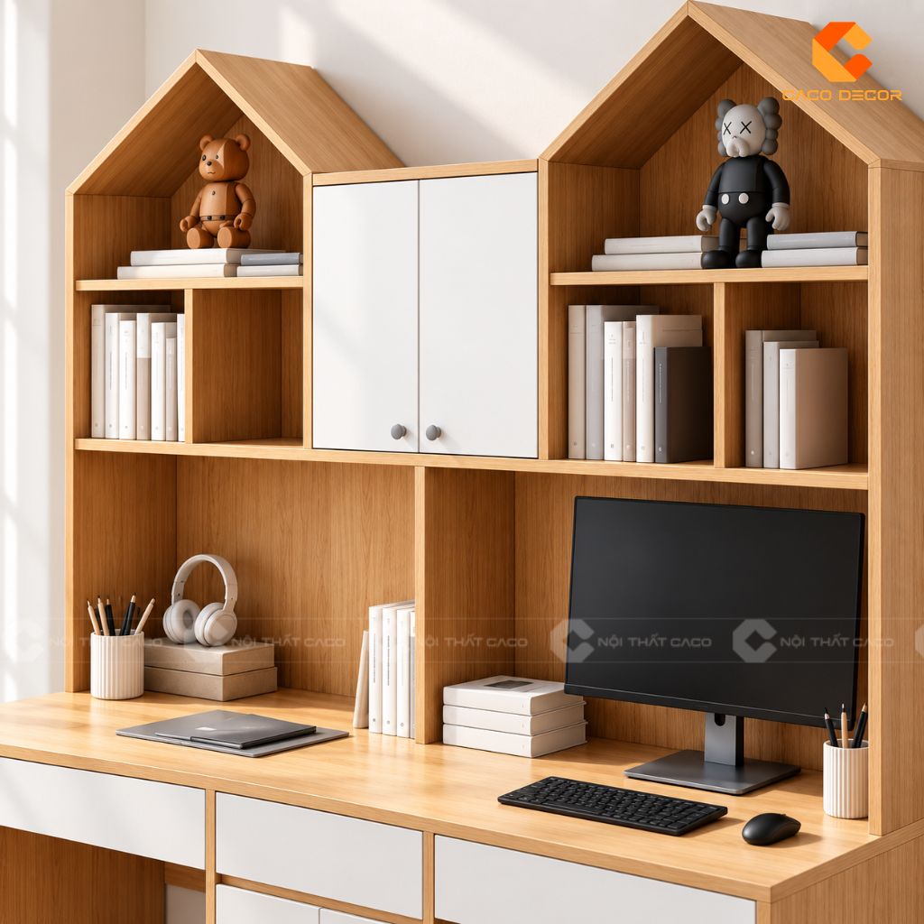 Kệ sách và tủ trên của bàn học đôi gỗ công nghiệp BHTE054
