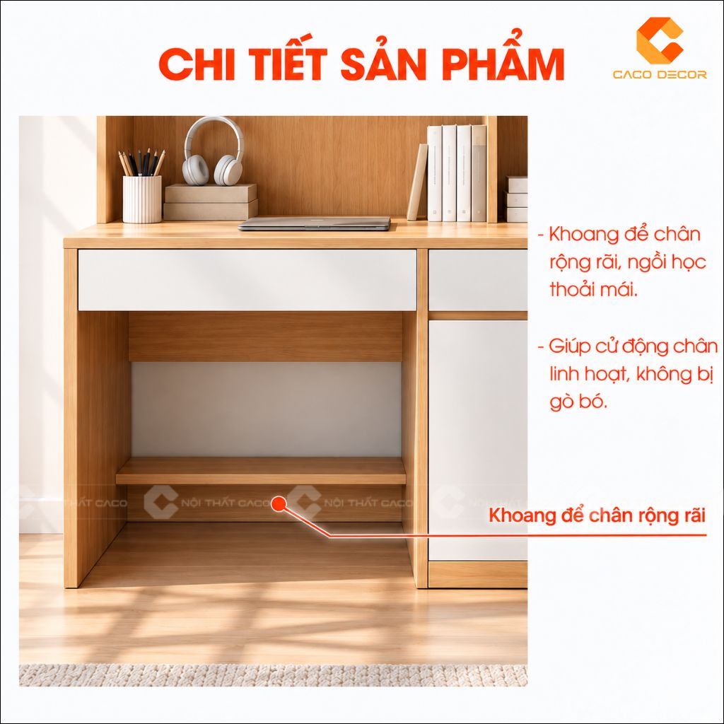Khoang để chân rộng rãi của bàn học đôi gỗ công nghiệp BHTE054