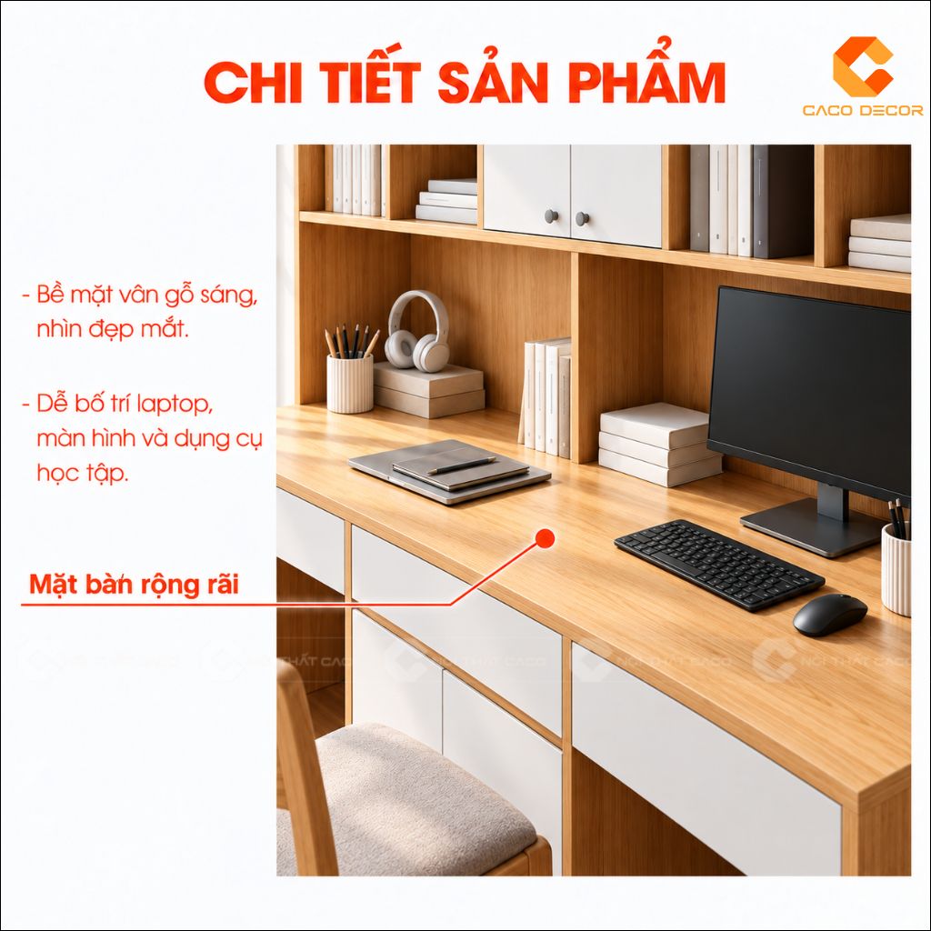 Mặt bàn rộng của bàn học đôi gỗ công nghiệp BHTE054