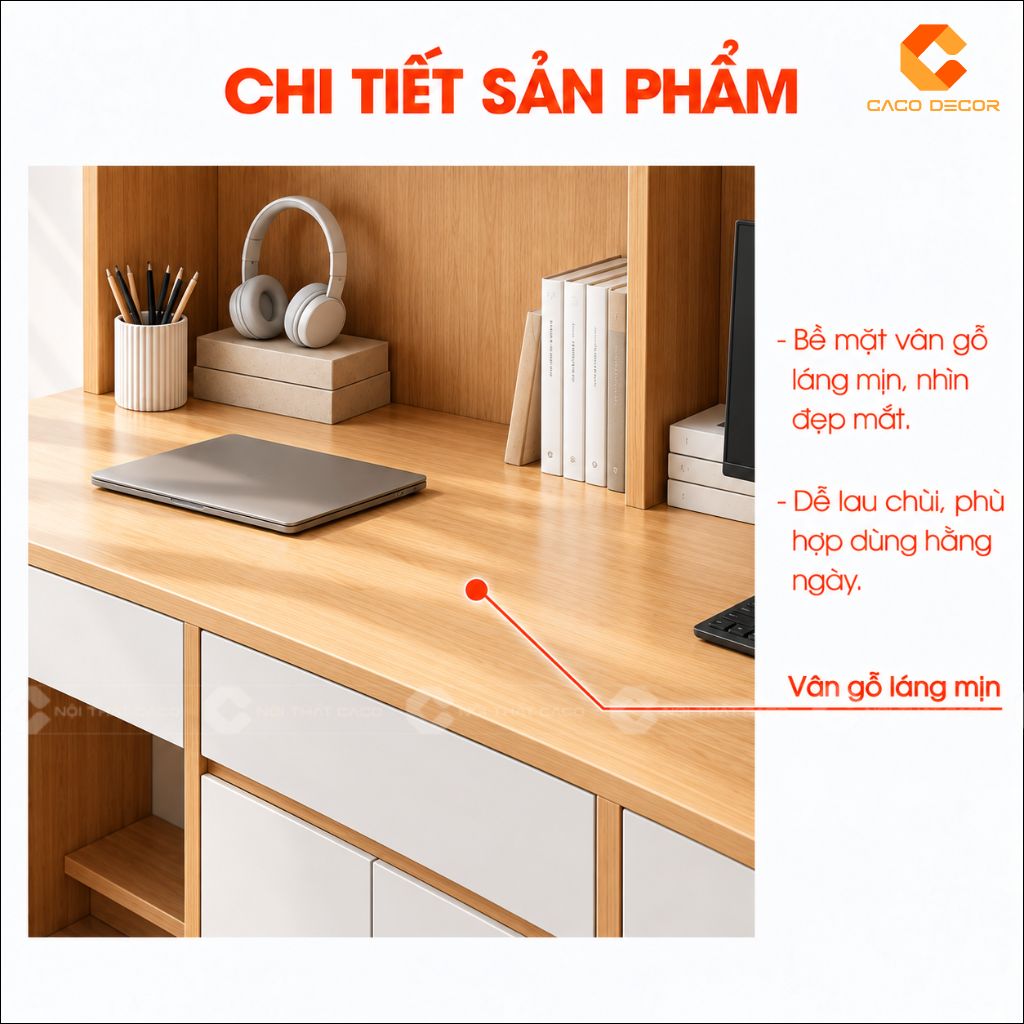 Bề mặt vân gỗ láng mịn của bàn học đôi gỗ công nghiệp BHTE054