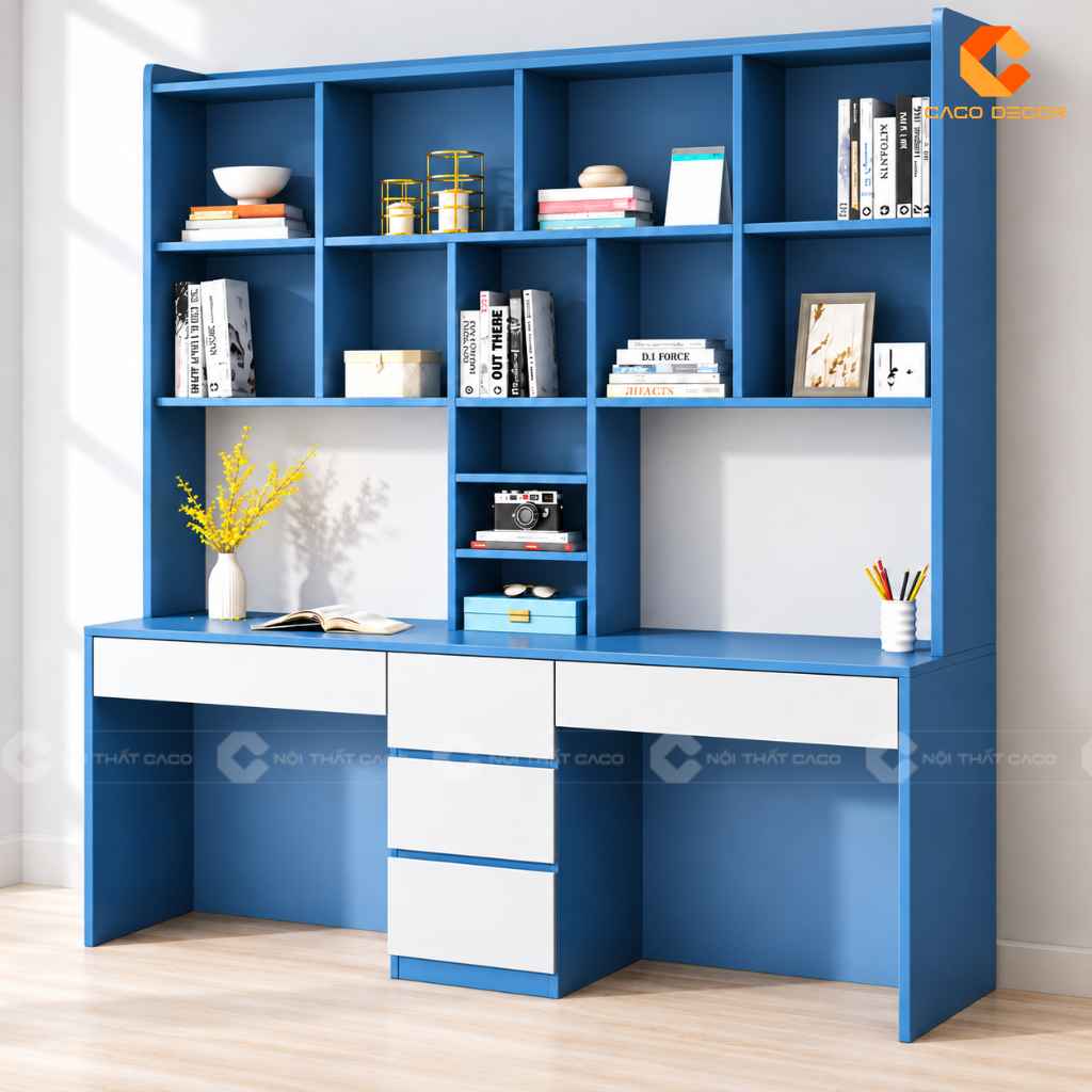 Bàn Học Đôi Gỗ Công Nghiệp BHTE046 Kèm Kệ Sách Rộng 1