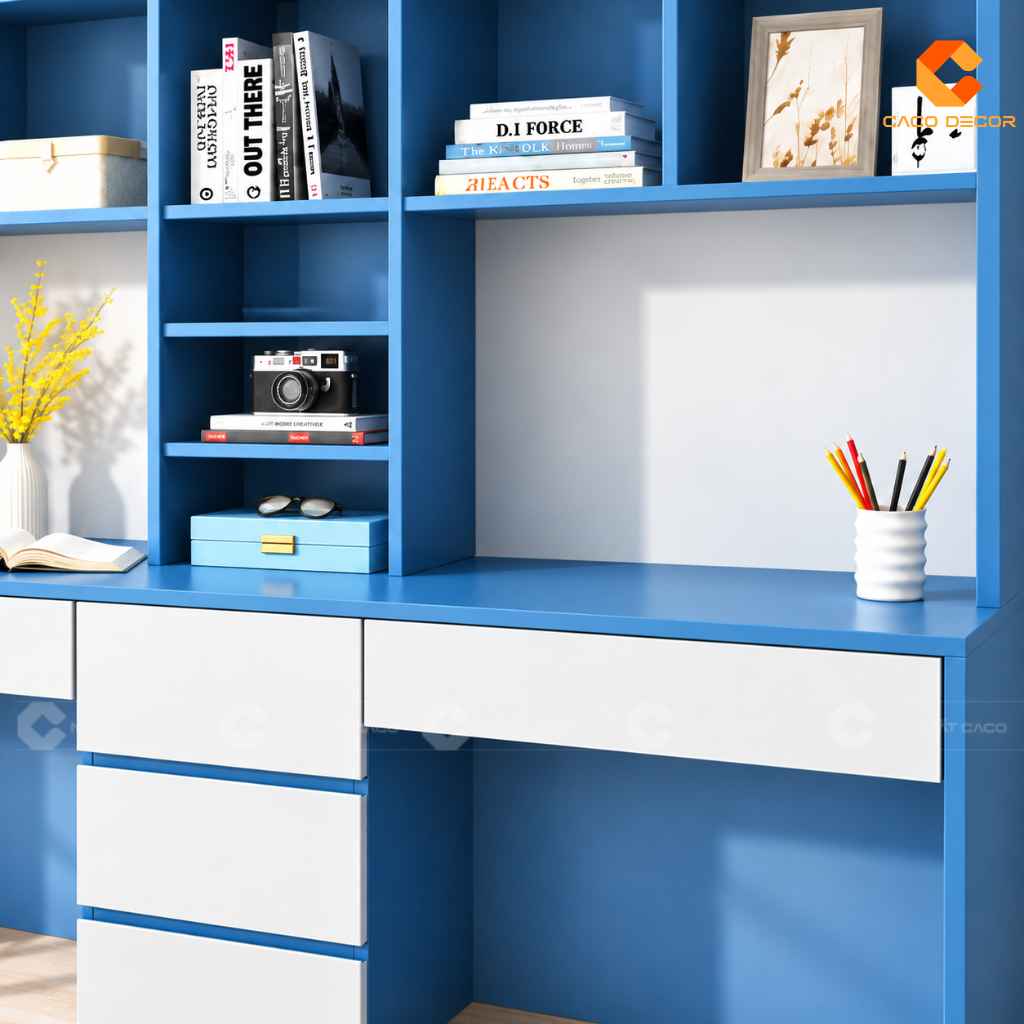 Bàn Học Đôi Gỗ Công Nghiệp BHTE046 Kèm Kệ Sách Rộng 2