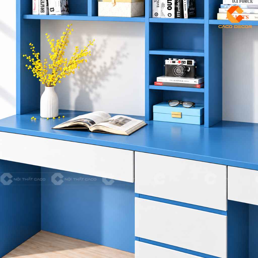 Bàn Học Đôi Gỗ Công Nghiệp BHTE046 Kèm Kệ Sách Rộng 3