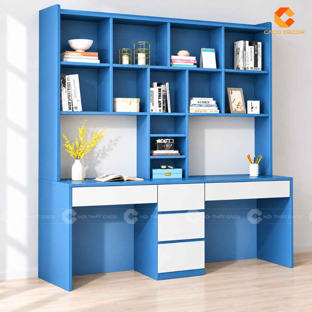 Bàn Học Đôi Gỗ Công Nghiệp BHTE046 Kèm Kệ Sách Rộng 4