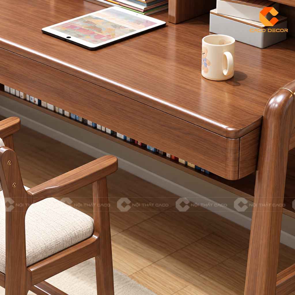 Cận cảnh ngăn kéo mượt mà của bàn học đôi gỗ tự nhiên BHTE043