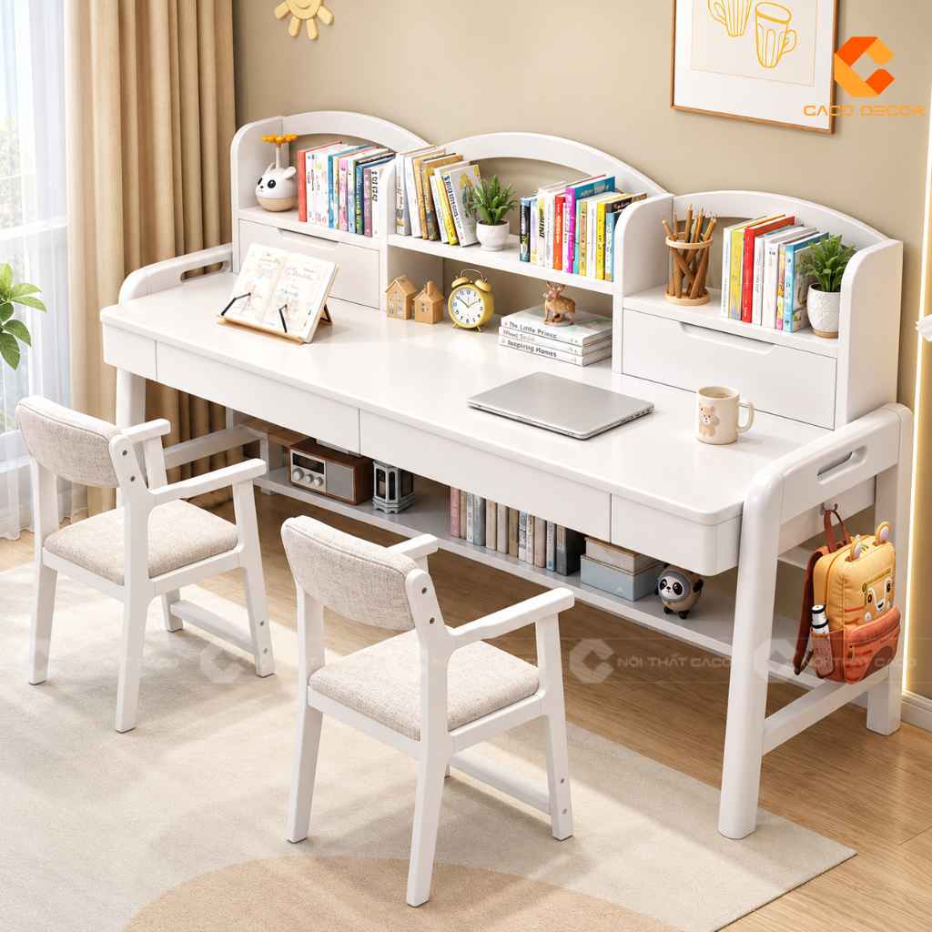 Bàn học đôi gỗ tự nhiên BHTE043 tông màu trắng trang nhã