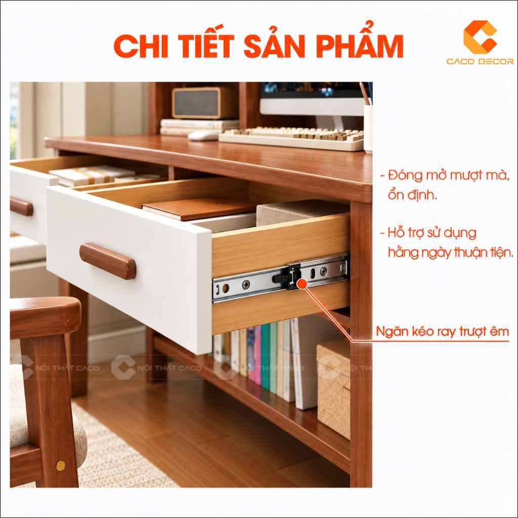 Chi tiết ray trượt ngăn kéo bàn học trẻ em gỗ tự nhiên BHTE053