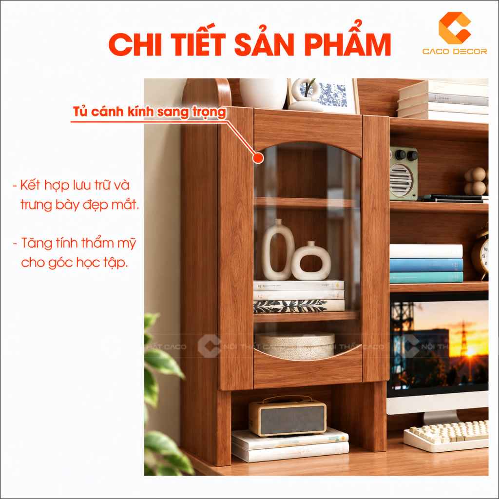 Tủ cánh kính trên bàn học trẻ em gỗ tự nhiên BHTE053