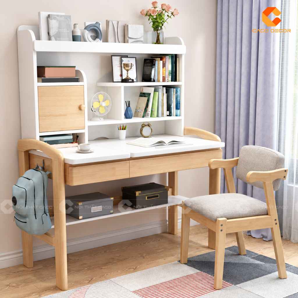 Bàn học trẻ em gỗ tự nhiên BHTE044 màu gỗ kết hợp trắng trang nhã