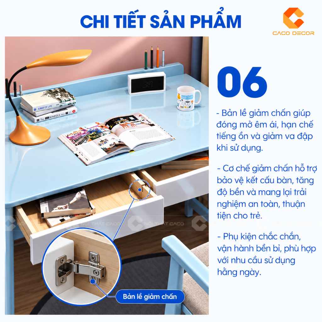 Chi tiết bản lề giảm chấn của bàn học trẻ em gỗ tự nhiên BHTE047