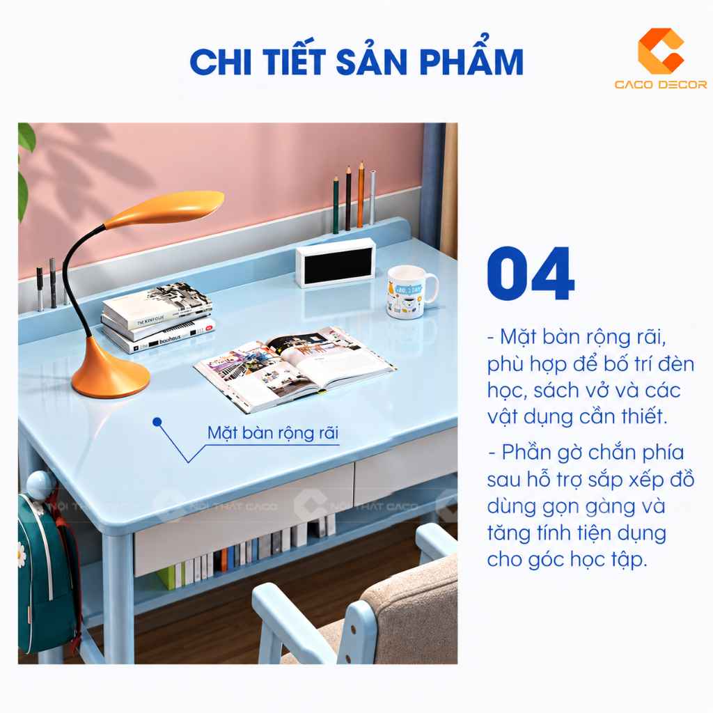 Mặt bàn rộng rãi của bàn học trẻ em gỗ tự nhiên BHTE047