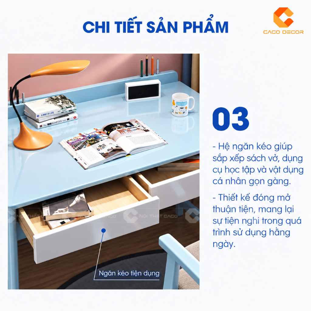 Ngăn kéo tiện dụng của bàn học trẻ em gỗ tự nhiên BHTE047