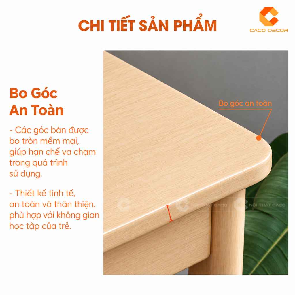 Chi tiết cạnh bàn bo cong của bàn học trẻ em gỗ tự nhiên BHTE048