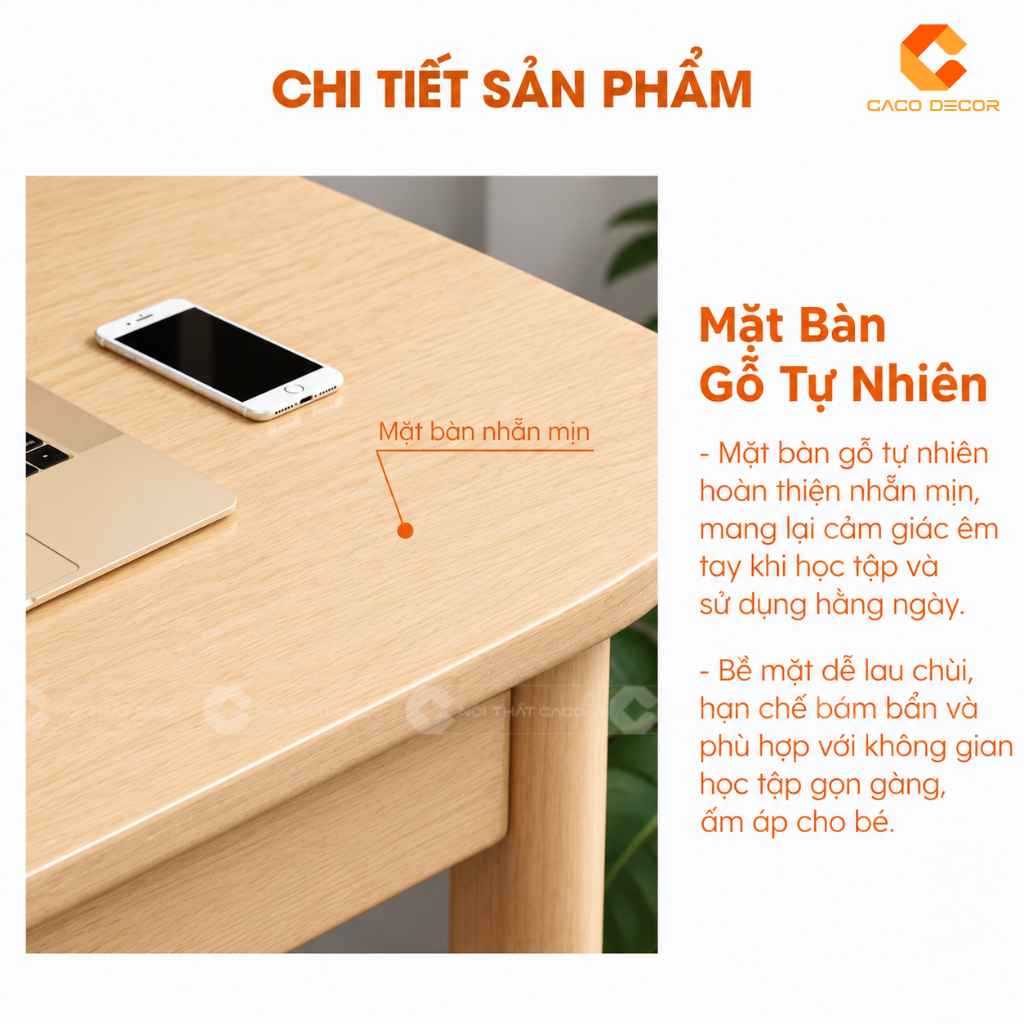 Chi tiết mặt bàn nhẵn mịn của bàn học trẻ em gỗ tự nhiên BHTE048