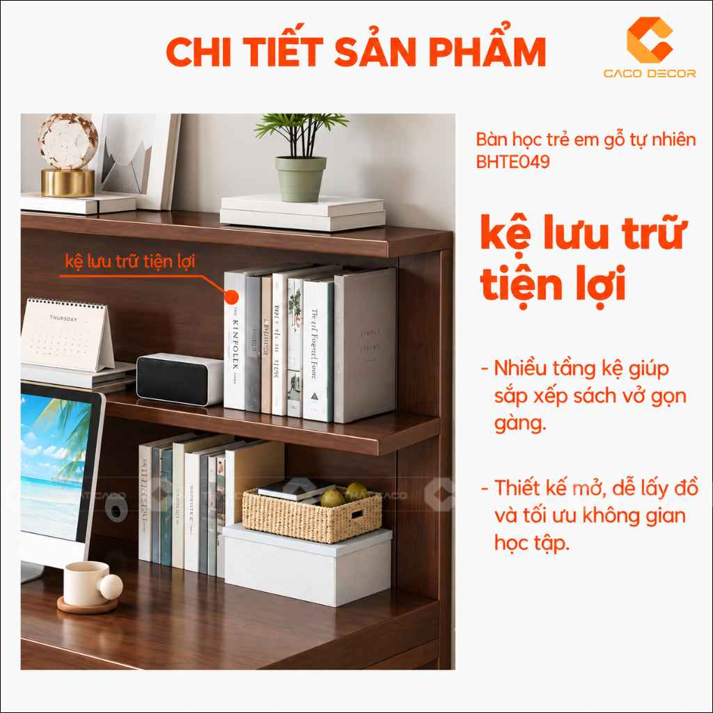 Bàn học trẻ em gỗ tự nhiên BHTE049 tích hợp kệ sách liền bàn