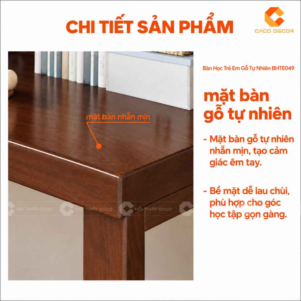 Chi tiết mặt bàn nhẵn mịn của bàn học trẻ em gỗ tự nhiên BHTE049