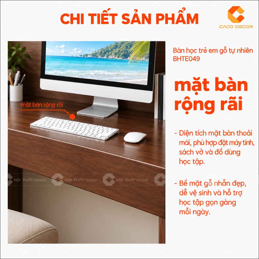 Bàn học trẻ em gỗ tự nhiên BHTE049 với mặt bàn rộng rãi