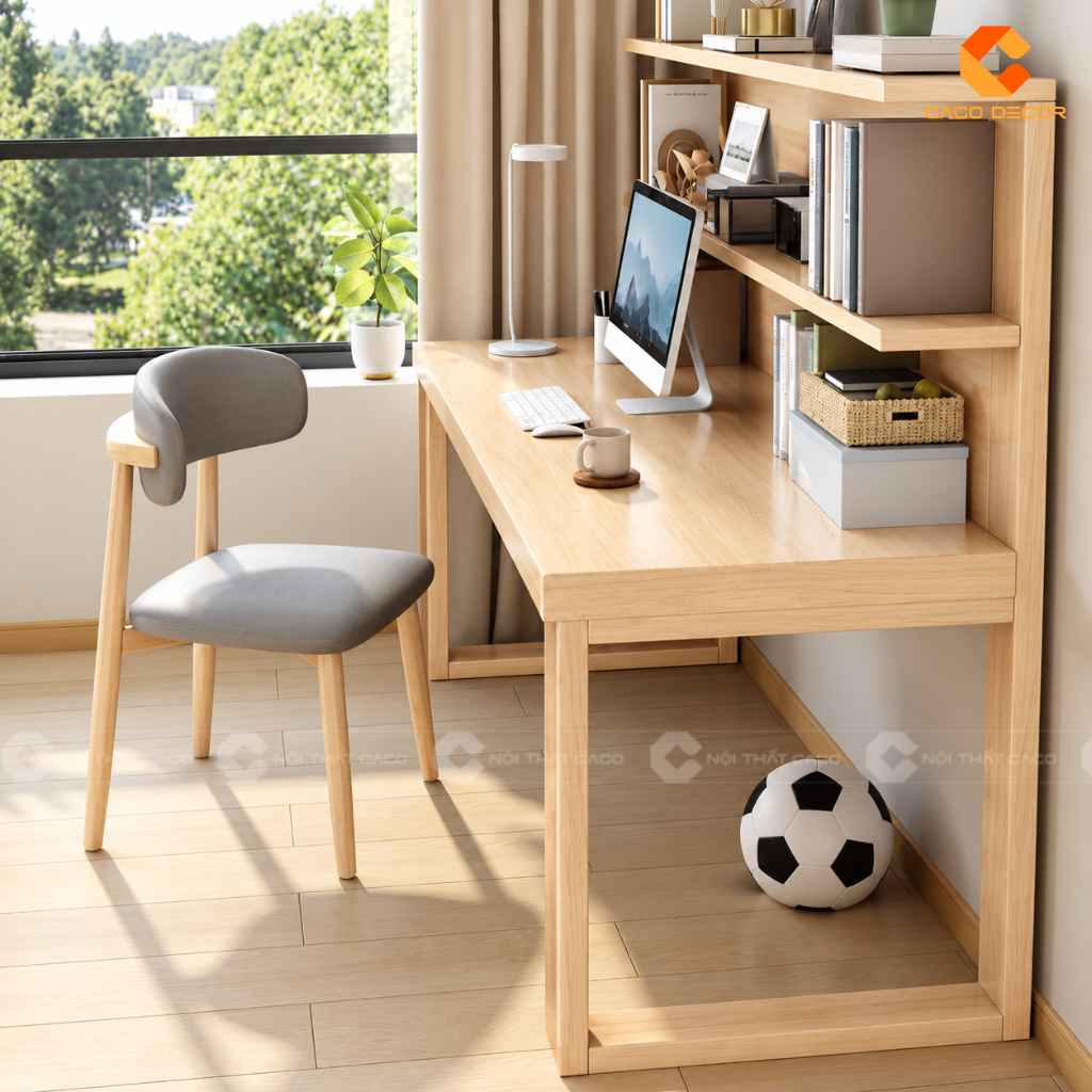 Bàn học trẻ em gỗ tự nhiên BHTE049 màu gỗ sáng kèm kệ sách