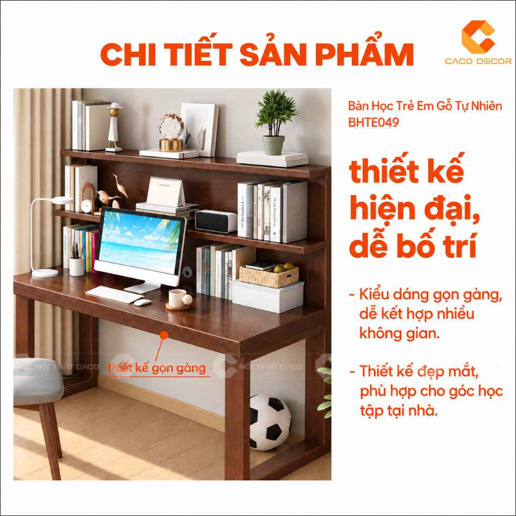 Bàn học trẻ em gỗ tự nhiên BHTE049 thiết kế hiện đại kèm kệ sách