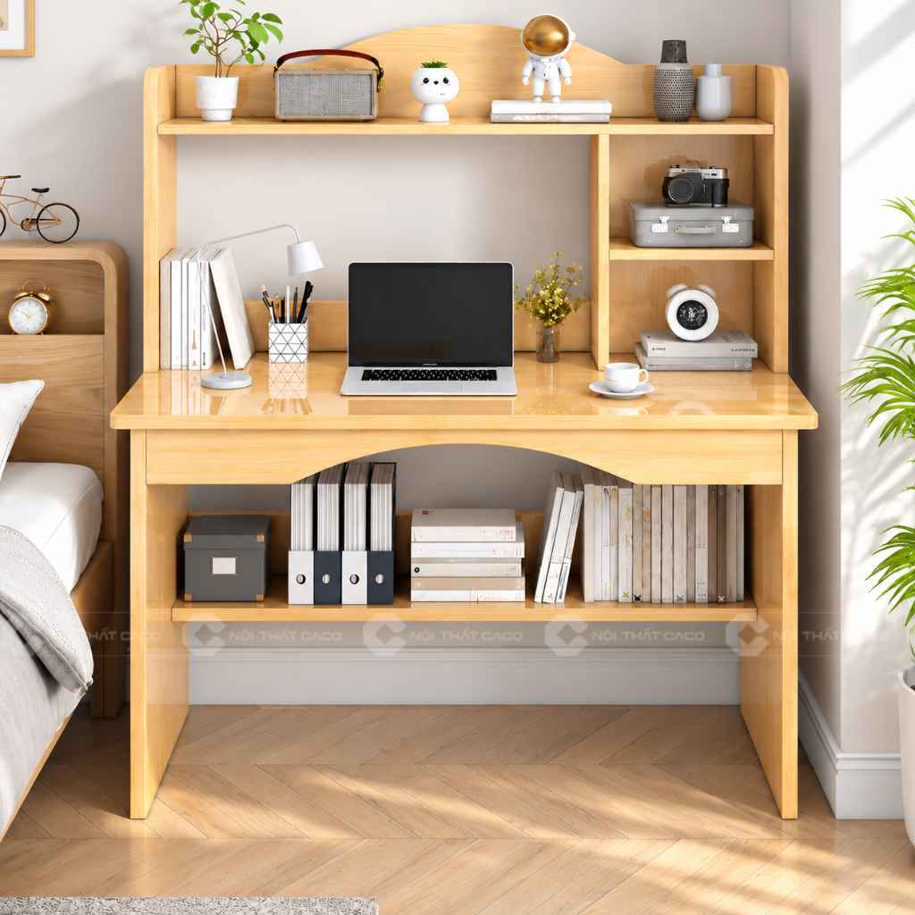Bàn học trẻ em gỗ tự nhiên BHTE050 nhìn chính diện với nhiều kệ lưu trữ