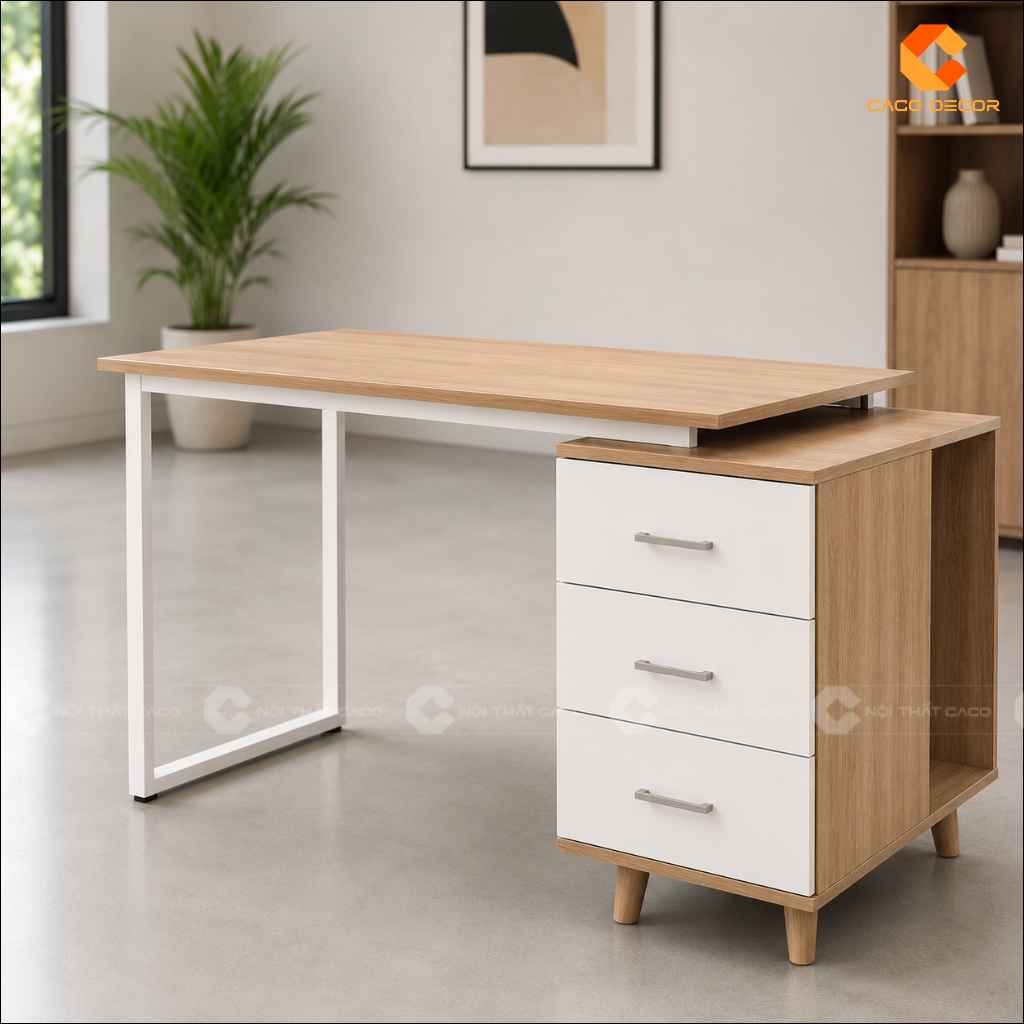 Mẫu bàn làm việc 1m2 chân sắt trắng kết hợp tủ ngăn kéo