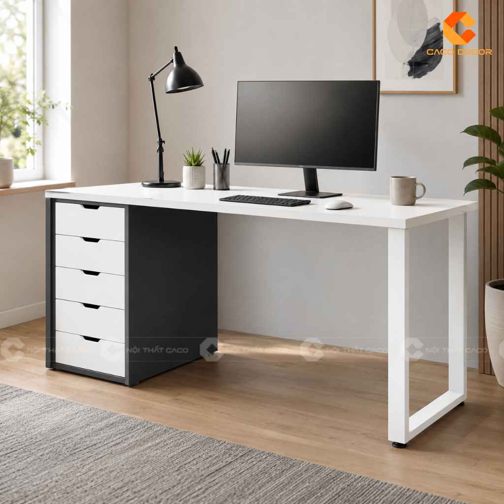 Bàn làm việc 1m2 màu trắng kết hợp hộc kéo lưu trữ