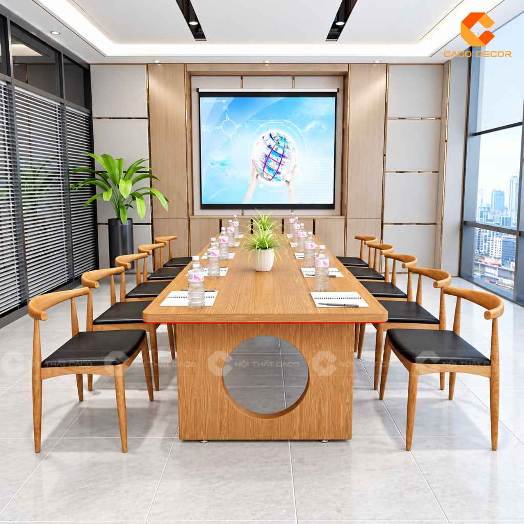 Bàn phòng họp gỗ tự nhiên BHTN014 nhìn chính diện trong phòng họp hiện đại