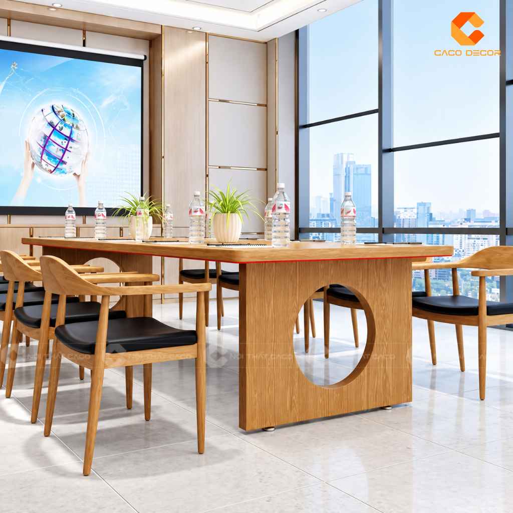 Góc bên bàn phòng họp gỗ tự nhiên BHTN014 với chân trụ tạo hình tròn