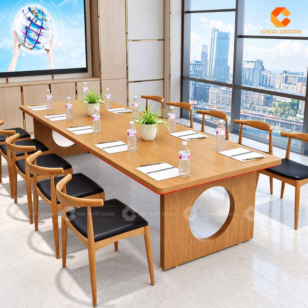 Toàn cảnh bàn phòng họp gỗ tự nhiên BHTN014 bố trí nhiều vị trí ngồi