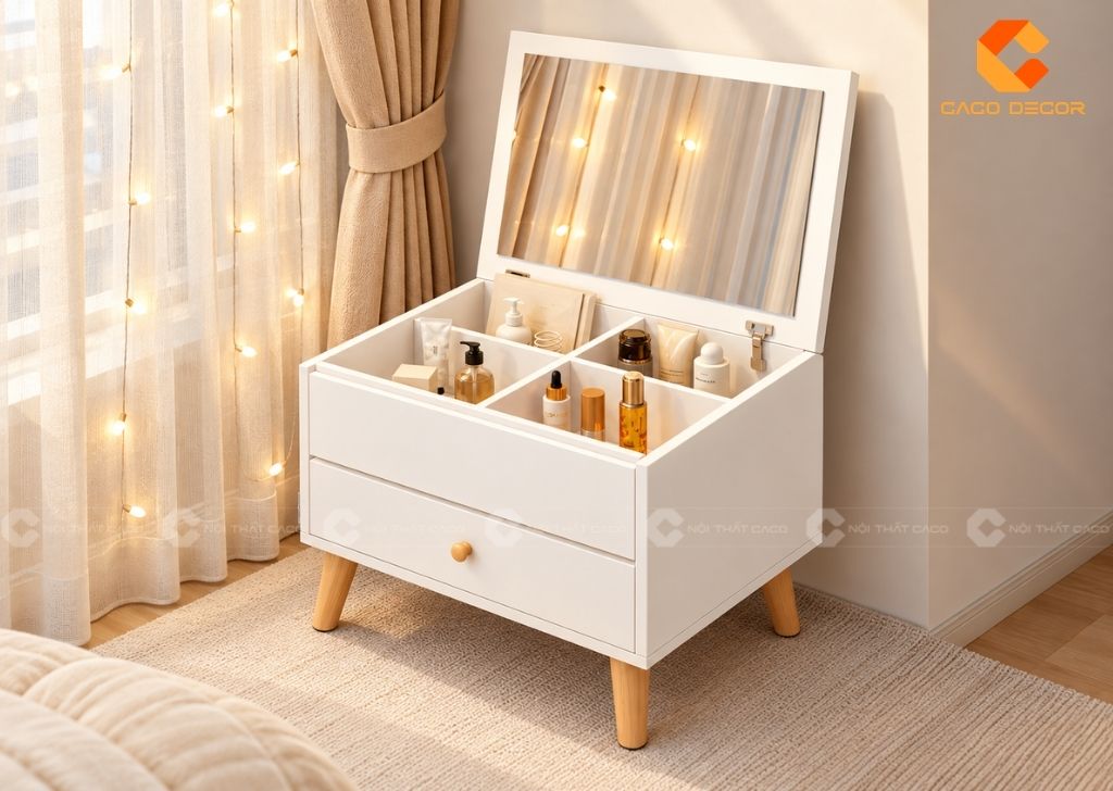 Bàn trang điểm ngồi bệt gương gập mini màu trắng có khoang chứa mỹ phẩm