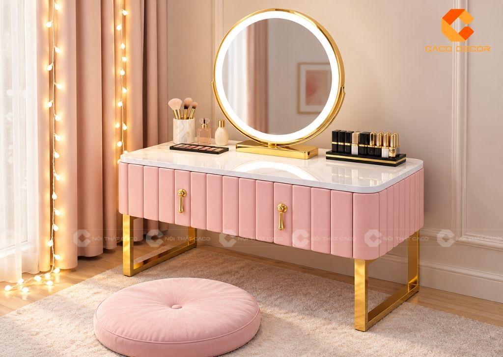 Bàn trang điểm ngồi bệt màu hồng có gương LED tròn phong cách hiện đại