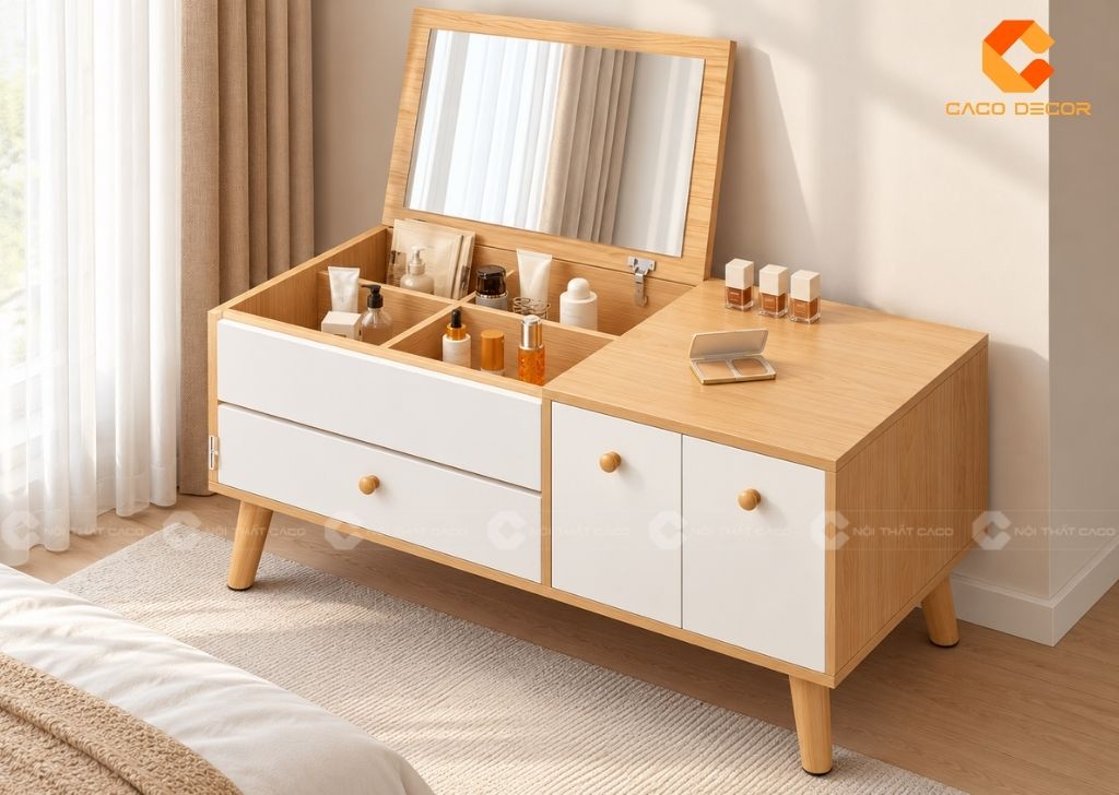 Bàn trang điểm ngồi bệt trắng phối gỗ tích hợp gương gập và ngăn lưu trữ