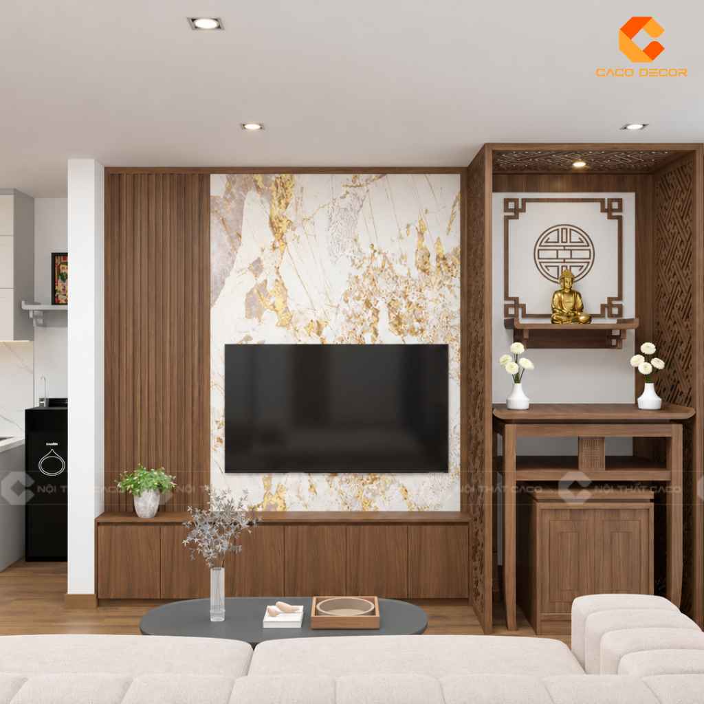 Bản vẽ 3D không gian bàn thờ và phòng khách nhà chị Tâm