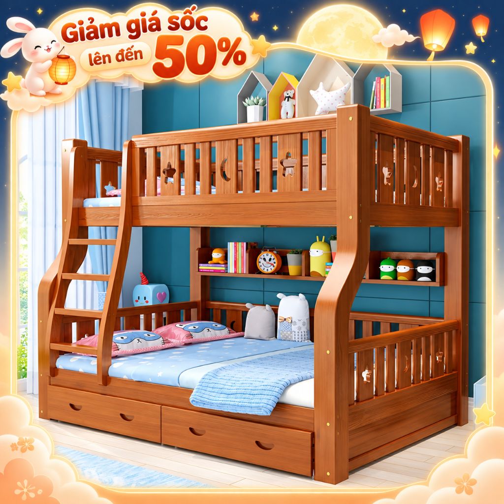 Giường tầng gỗ công nghiệp gỗ tự nhiên ưu đãi lớn