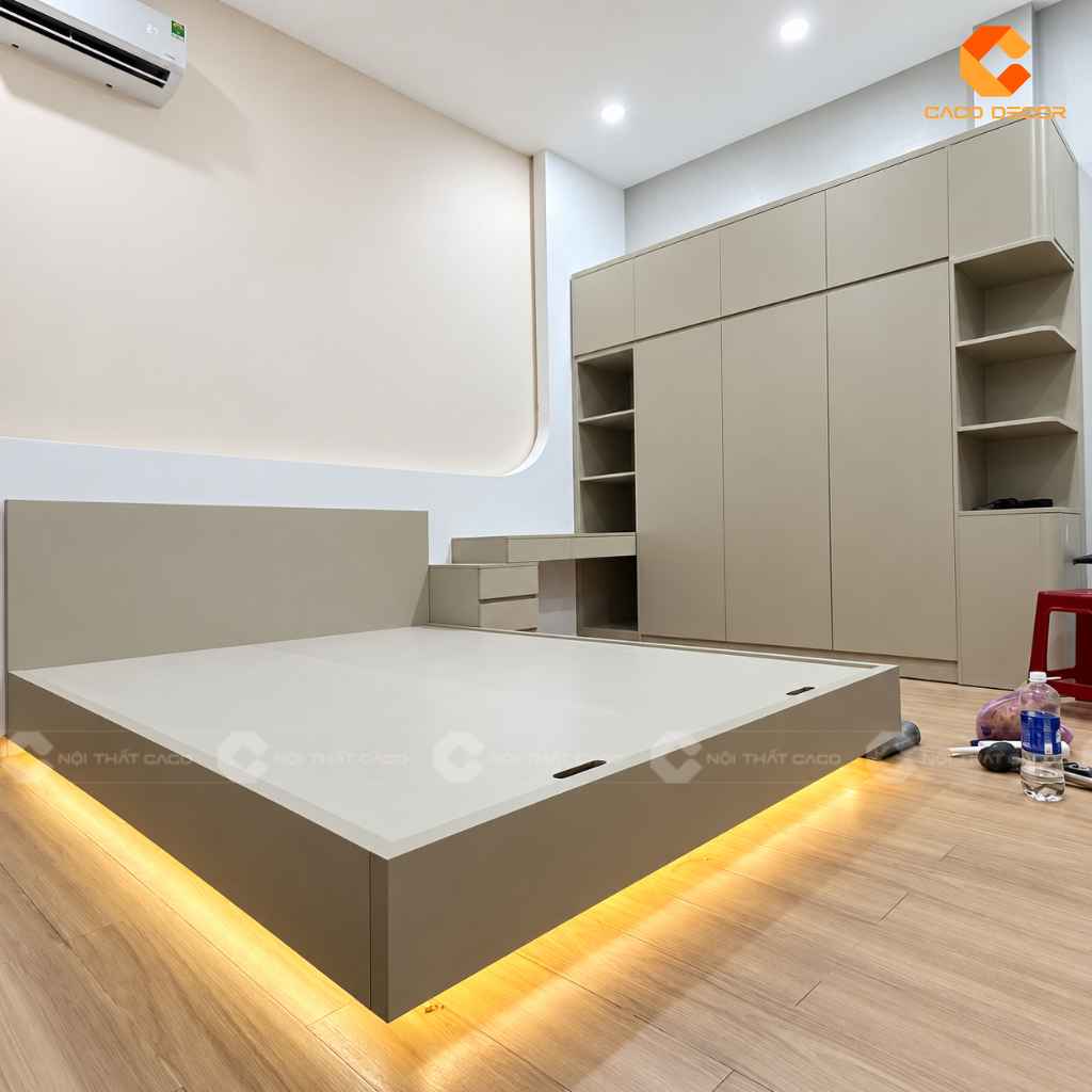 Tổng thể giường ngủ và tủ đầu giường tại công trình anh Duy An Tây Ninh