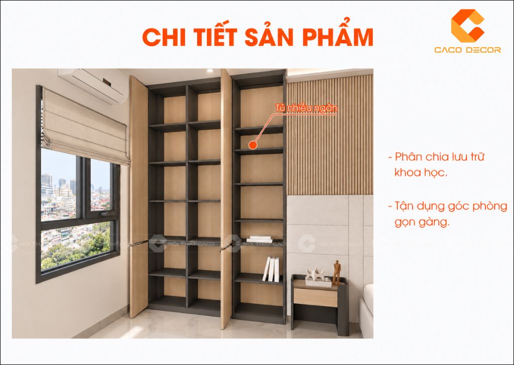 Tủ nhiều ngăn tối ưu lưu trữ trong combo phòng ngủ CBPN182