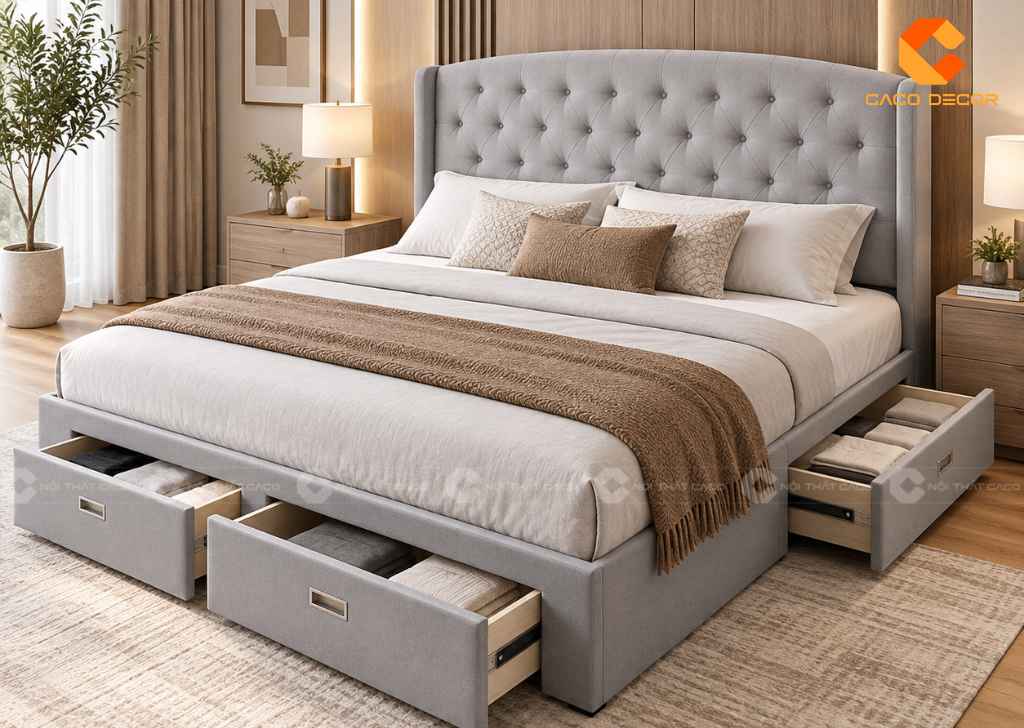 Giường 1m8x2m bọc nỉ có ngăn kéo lưu trữ tiện dụng
